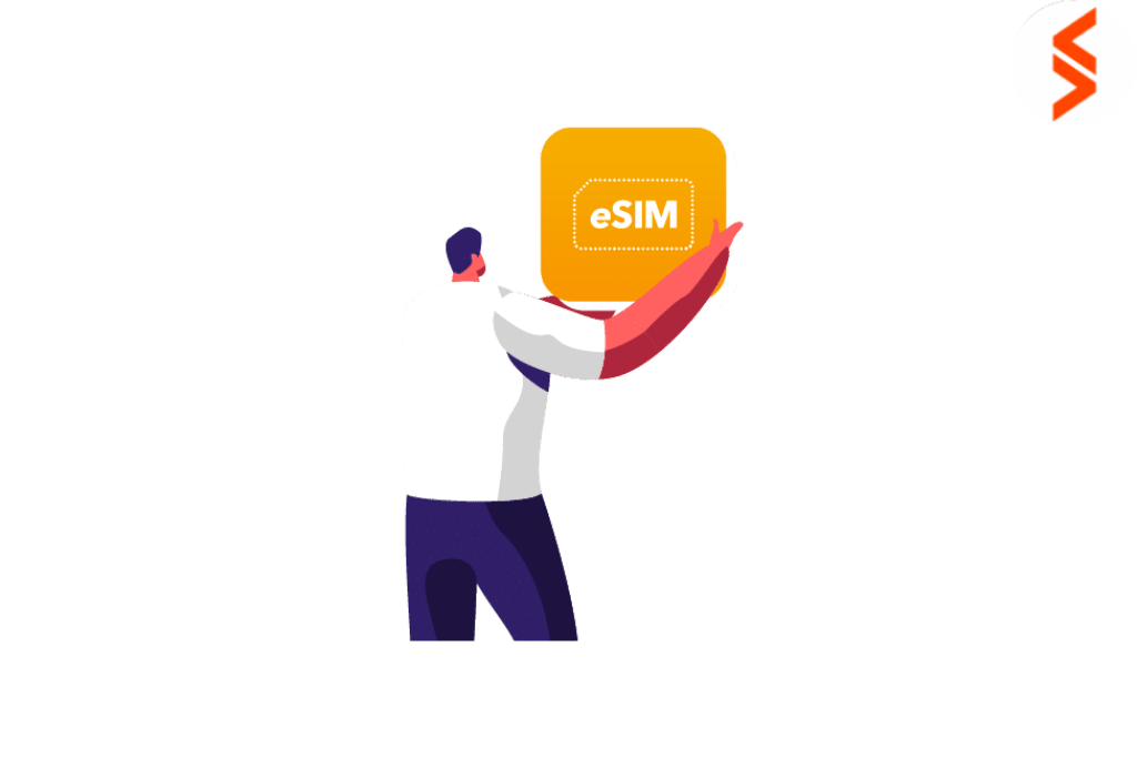 A man is holding a yellow box labeled "eSIM," showcasing a clear focus on the product in his hands.
