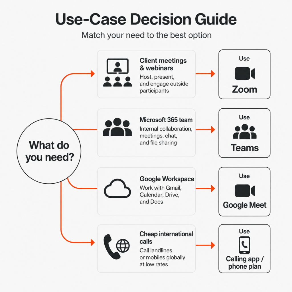 Simple decision guide matching each user need to Zoom, Teams, Google Meet, or a calling app