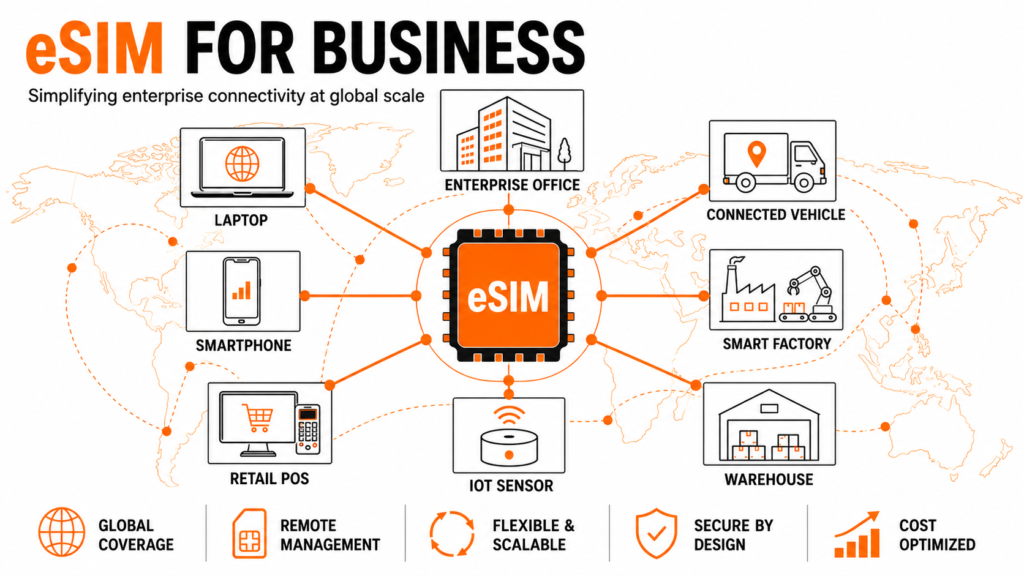 Business eSIM enabling global enterprise connectivity across employees, IoT devices, and carrier networks. 
