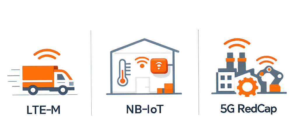 Comparison visual showing LTE-M, NB-IoT, and 5G RedCap as successor technologies for IoT connectivity

