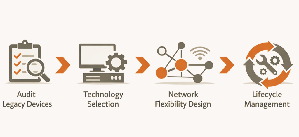 Process diagram illustrating key steps to migrate IoT devices from 2G and 3G to modern cellular technologies
