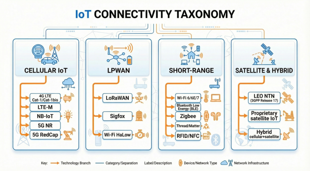 IoT connectivity solutions taxonomy diagram showing cellular, LPWAN, short-range, and satellite technologies