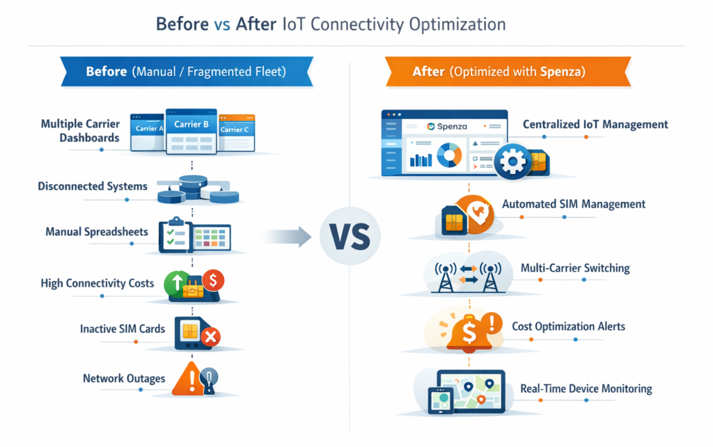 Before and after comparison showing fragmented IoT connectivity management versus optimized fleet using the Spenza connectivity management platform