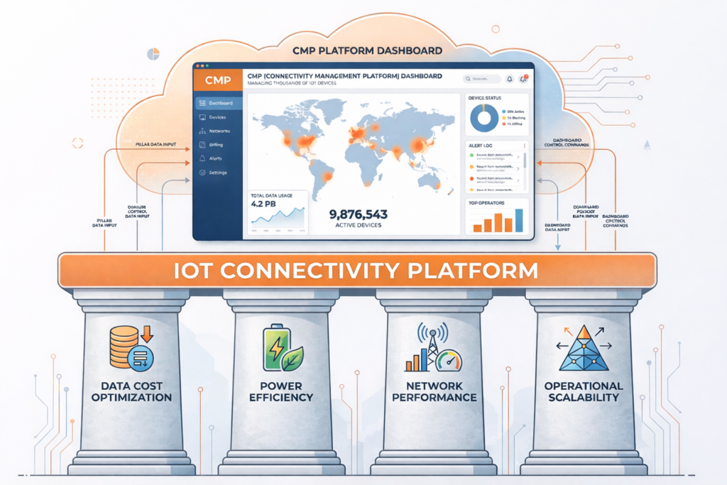 Four pillars of optimizing IoT deployments with a connectivity management platform, including cost, power, performance, and scalability
