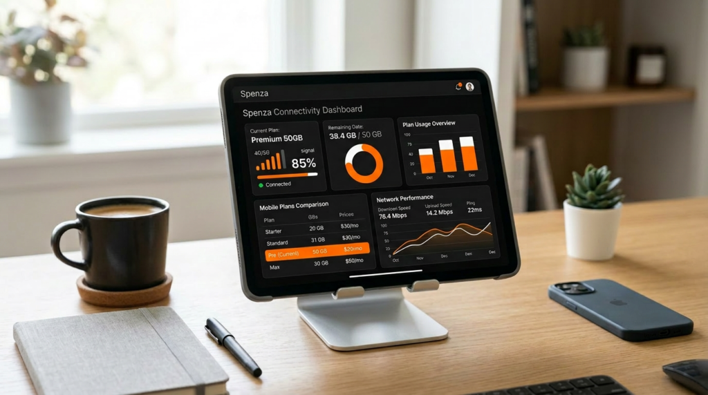 iPad on desk showing connectivity dashboard with data usage, network performance, and mobile plan insights