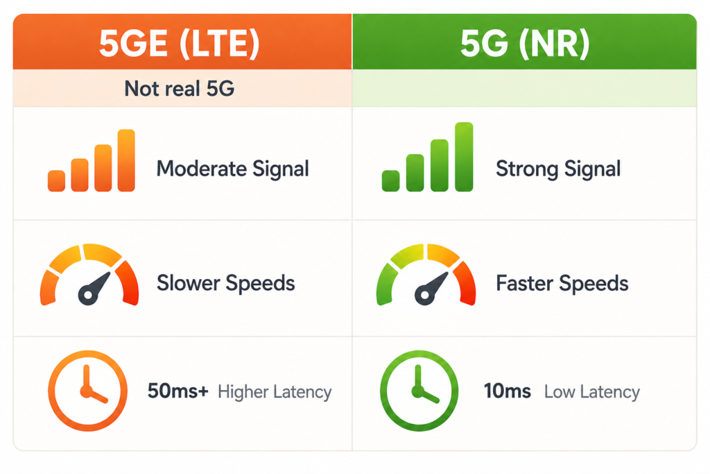Comparison showing 5GE as LTE and real 5G as 5G NR