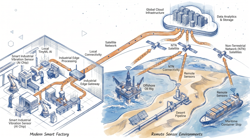 AI-on-edge IoT sensor and satellite NTN connectivity architecture for remote deployments 
