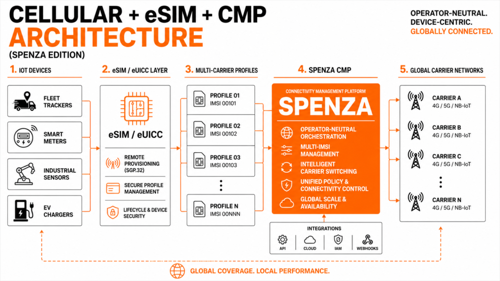 Architecture diagram showing Spenza’s IoT connectivity management platform orchestrating eSIM provisioning and multi-carrier IoT connectivity across global networks.
