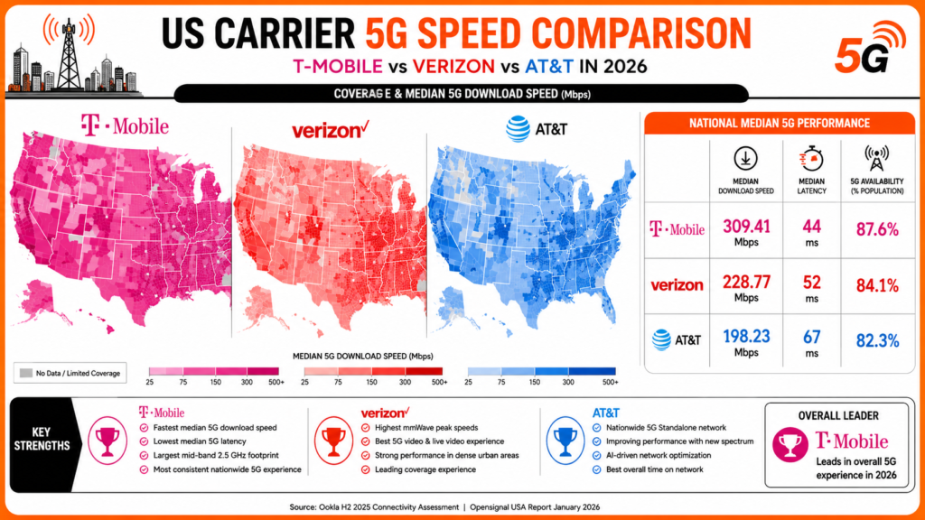 US Carrier 5G Speed Comparison: T-Mobile vs Verizon vs AT&T in 2026