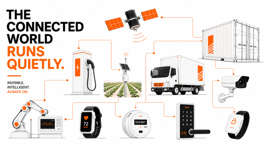  Editorial illustration showing connected IoT devices including EV chargers, fleet vehicles, industrial sensors, healthcare wearables, and smart meters linked through a modern connectivity ecosystem. 