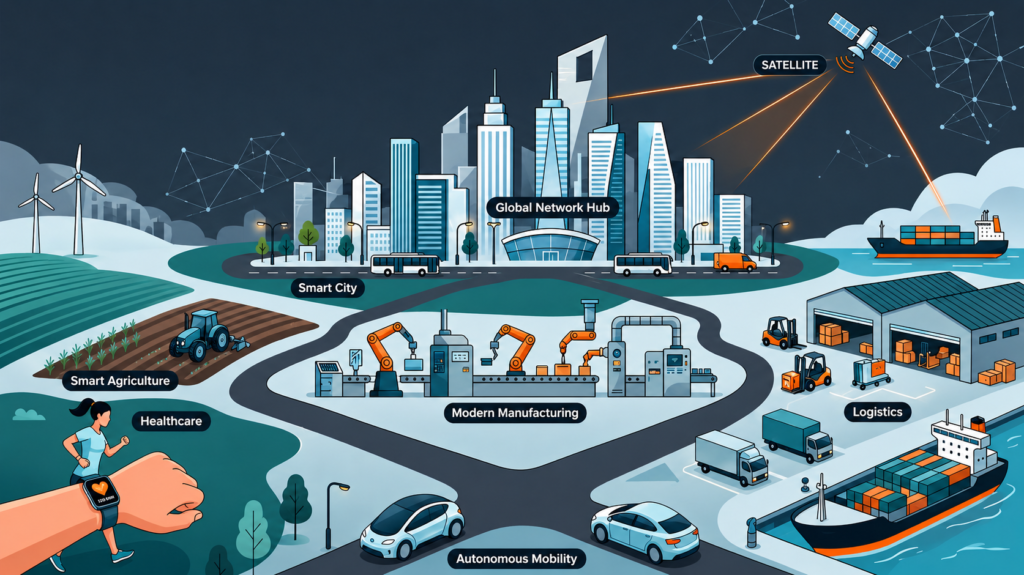 IoT sensors ecosystem with agriculture, smart city, healthcare, manufacturing, and industrial connectivity 