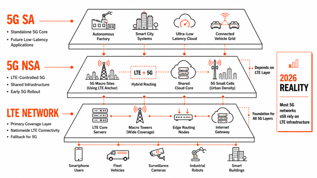 Illustration showing LTE and 5G coexistence, spectrum refarming, and the gradual transition toward standalone 5G networks.