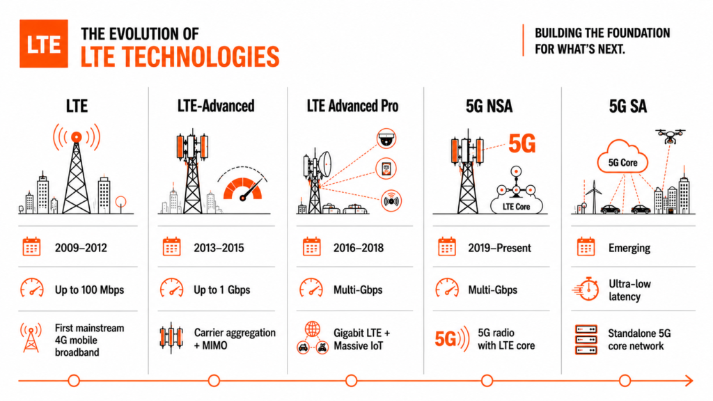 Timeline infographic showing the evolution from LTE to LTE-Advanced, LTE-Pro, 5G NSA, and standalone 5G networks.
