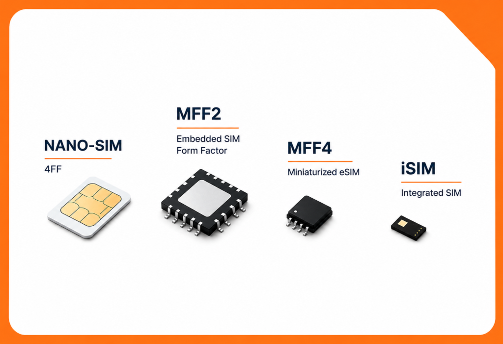 Overview of major SIM card types, including Nano-SIM, MFF2, MFF4, and iSIM used in modern IoT and connected devices.