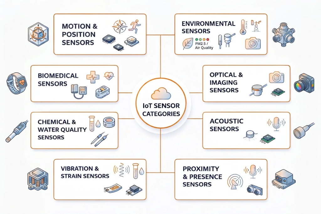 IoT sensor categories diagram, including environmental, motion, optical, biomedical, and industrial sensors 
