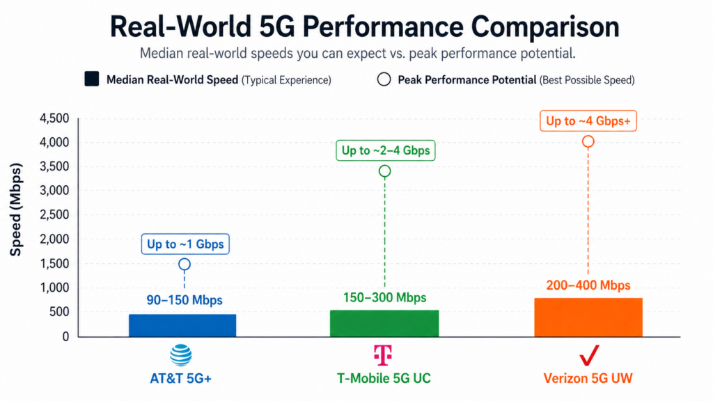 Bar chart comparing real-world 5G speeds across carriers with multi-carrier visualization