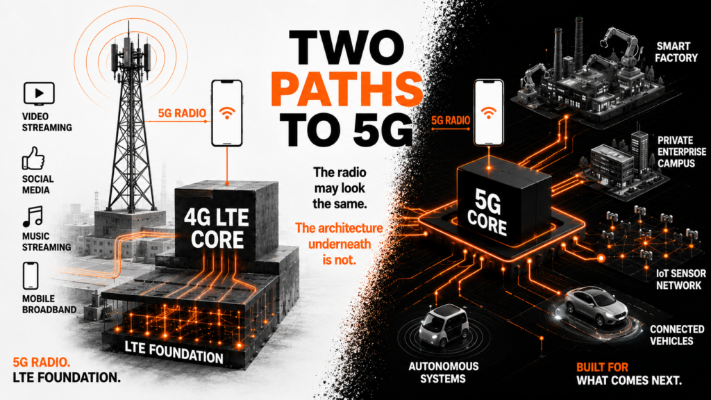 Comparison of 5G NSA architecture using a 4G core and 5G SA architecture using a dedicated 5G Core. 
