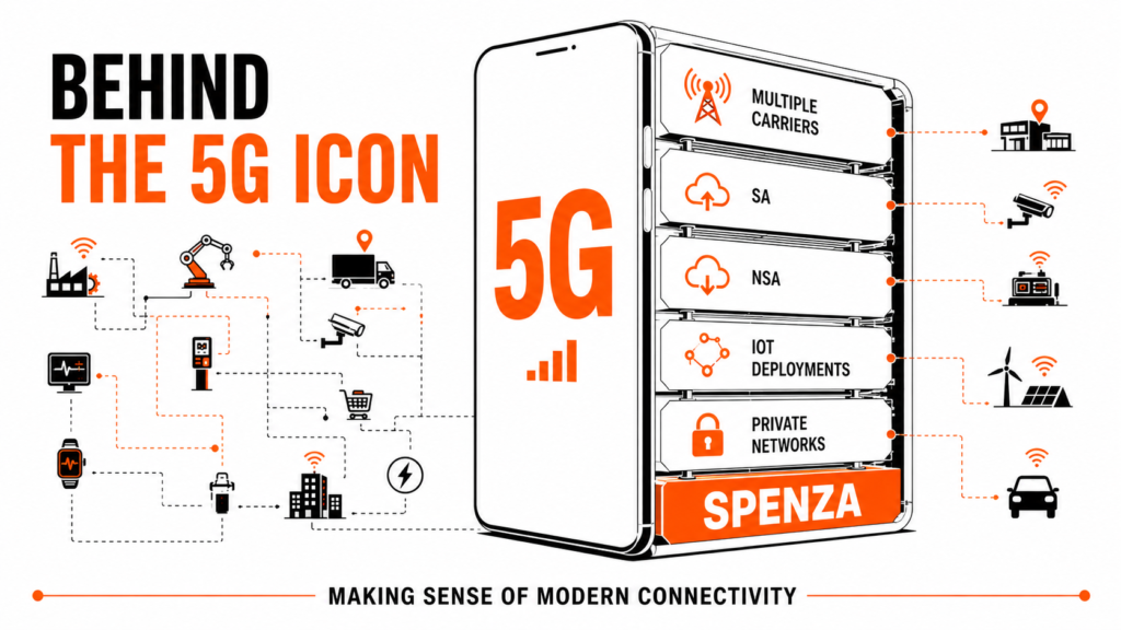 Illustration depicting the hidden network architectures and connectivity layers behind a 5G connection, managed through Spenza. 
