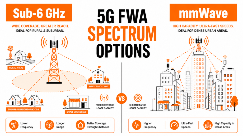 Comparison of Sub-6 GHz and mmWave 5G technologies used for Fixed Wireless Access.