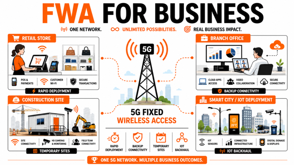 Enterprise use cases for Fixed Wireless Access, including branch offices, retail stores, temporary sites, and IoT deployments.