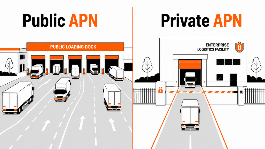 Logistics hub analogy illustrating the difference between public APN and private APN connectivity