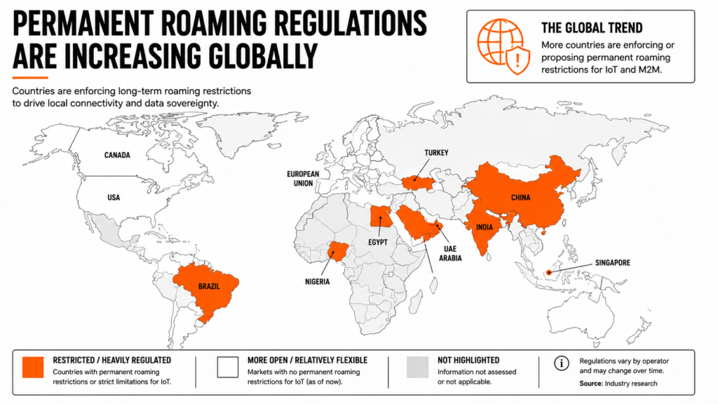 World map highlighting countries with permanent roaming restrictions and evolving IoT connectivity regulations in 2026 
