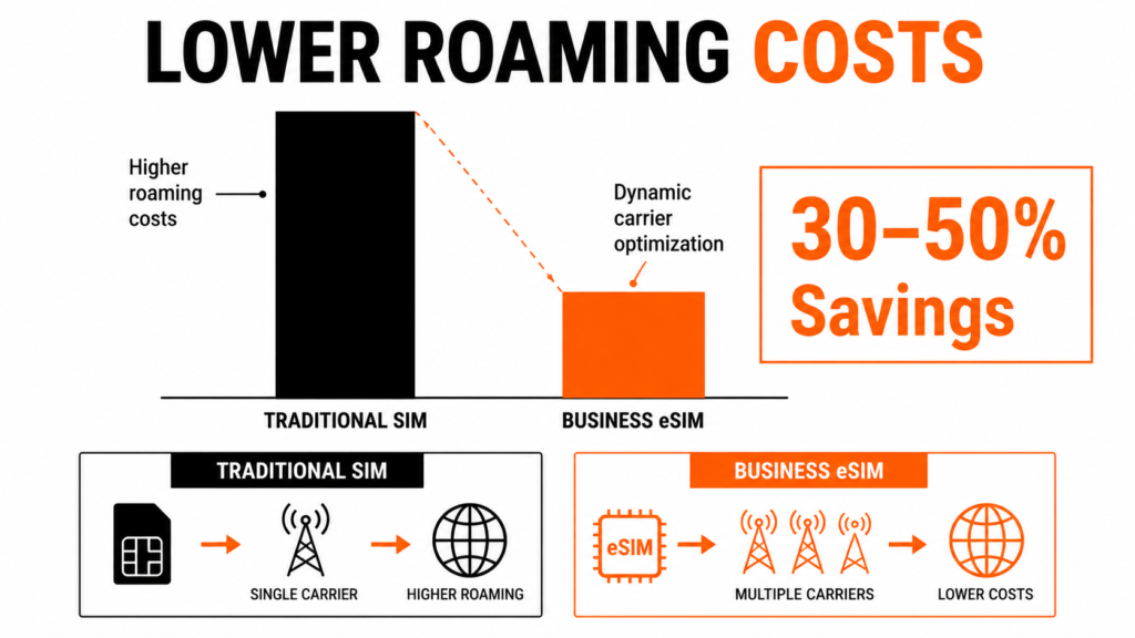 Comparison showing roaming cost reduction using multi-carrier business eSIM. 
