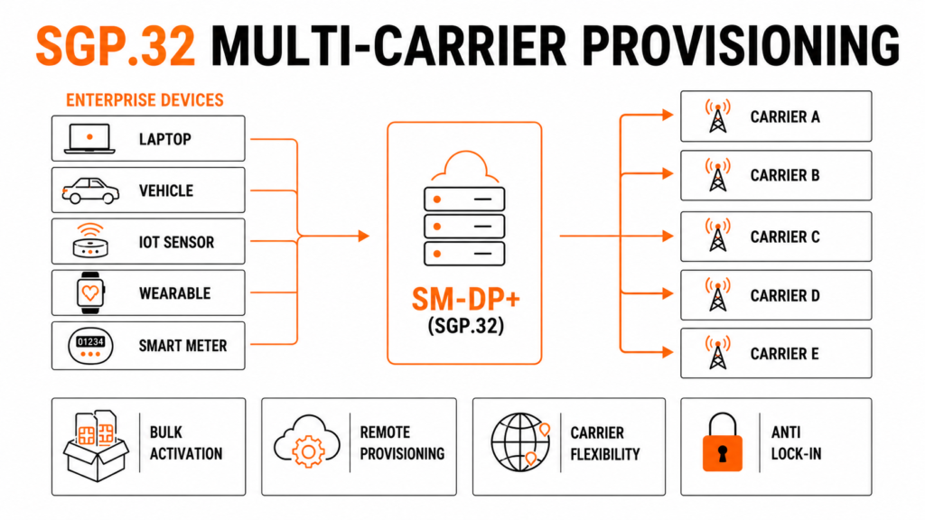 SGP.32 server-driven remote provisioning across multiple carrier networks.