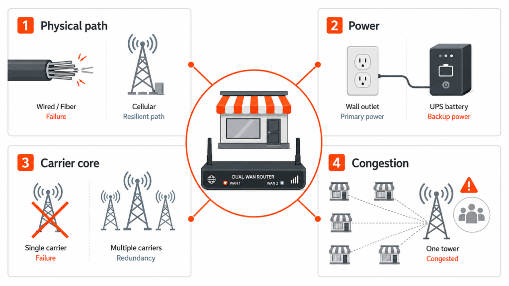Diagram of four failure domains for business internet backup: physical path, power, carrier core, and cell congestion