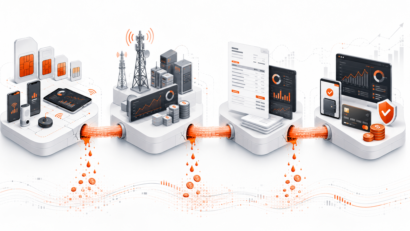 MVNO revenue leakage flow from active services to carrier billing, customer invoices, and payments