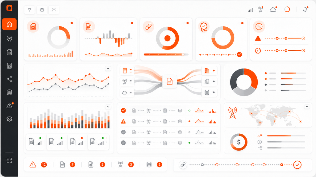 Telecom revenue assurance dashboard showing five key leakage and reconciliation KPIs