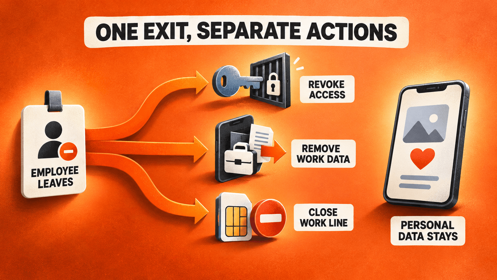 BYOD offboarding separates account revocation, managed work-data removal and work-line closure.