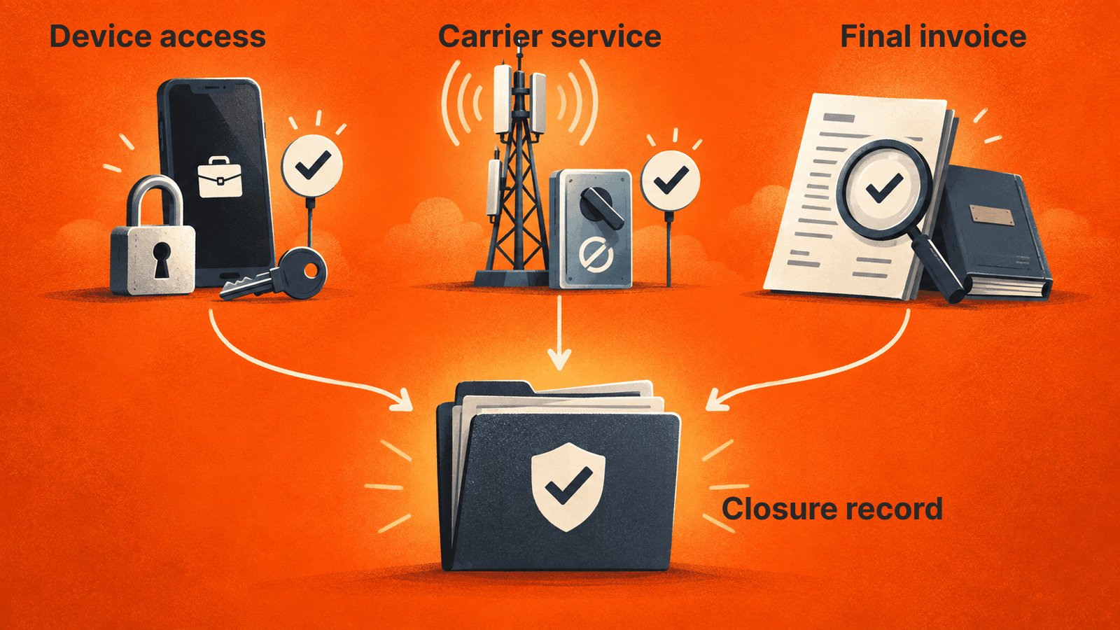 Close the record only after separate device-access, carrier-service and final-invoice confirmations.