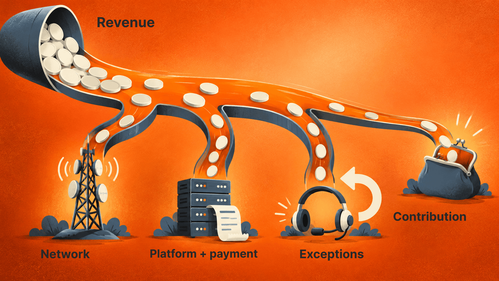 Network, platform, payment and exception costs reduce collected revenue before contribution remains