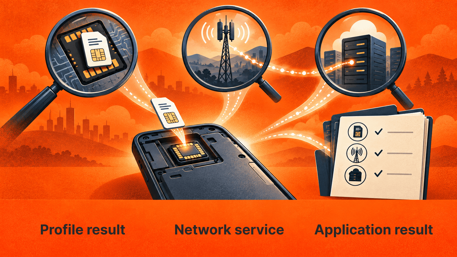 Profile, network and application observations feed one campaign record. This illustrates acceptance evidence, not a GSMA protocol architecture.