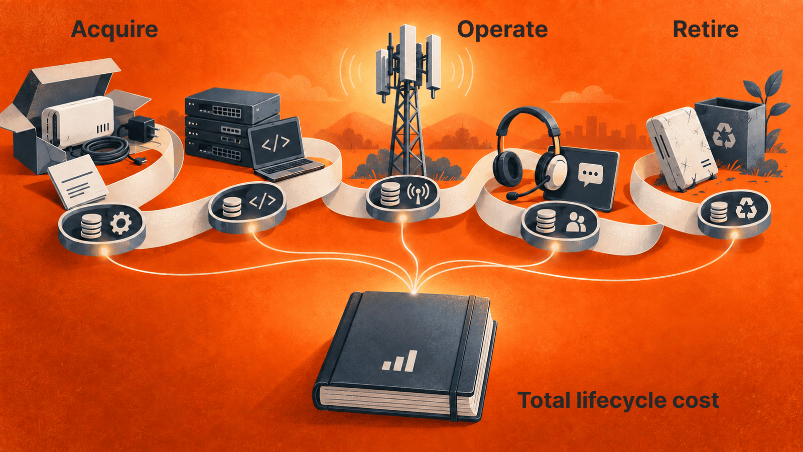 Acquisition, operation and retirement all contribute to lifecycle cost. No relative cost or savings is depicted.