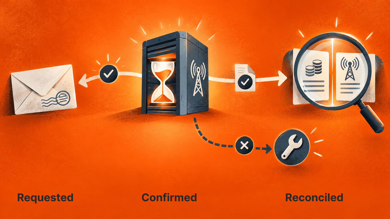 An acknowledgement precedes outcome confirmation and reconciliation; unresolved results require investigation.
