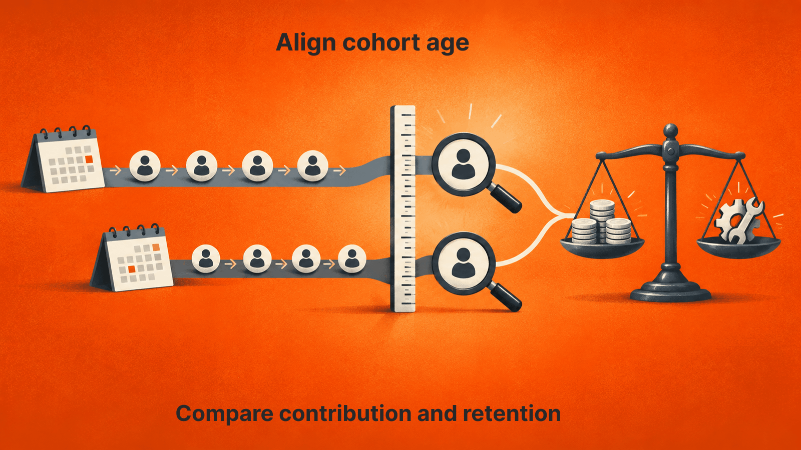Conceptual cohort alignment before comparing contribution and retention; tokens and paths are illustrative, not measured results.