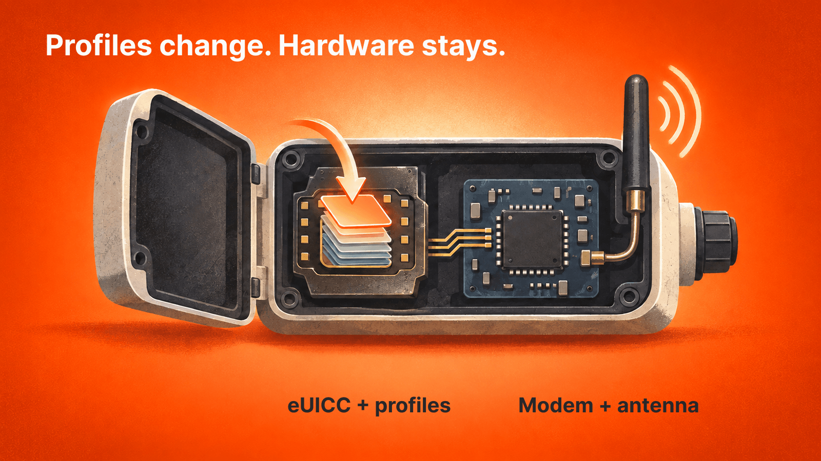 Remote SIM provisioning changes profiles in an eUICC; the modem and antenna remain separate hardware.