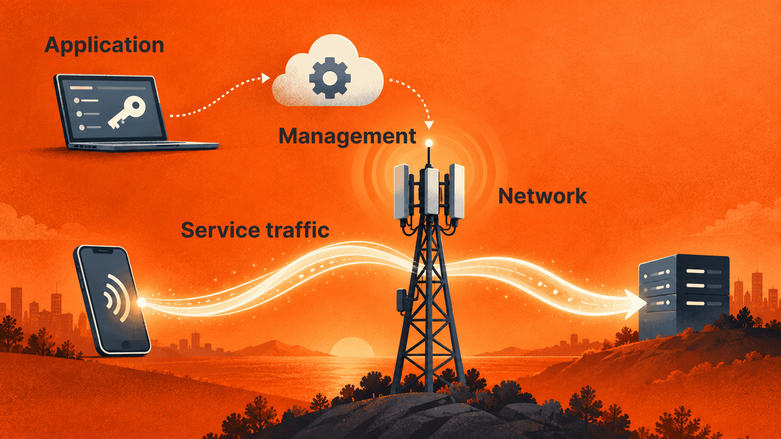 Conceptual distinction: management requests and records sit above the contracted network’s service-delivery path.