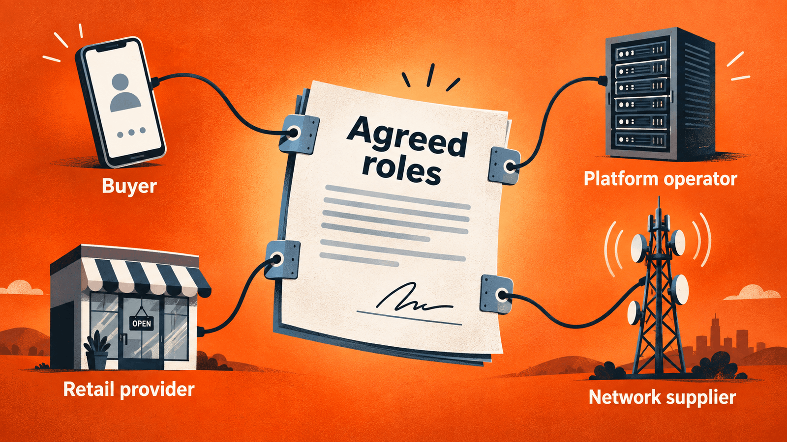 Buyer, retail provider, platform and network roles, with responsibilities to confirm in the contract