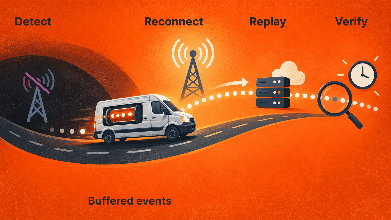 Proposed recovery sequence: reconnect, replay buffered events, then verify freshness and gaps in application data.