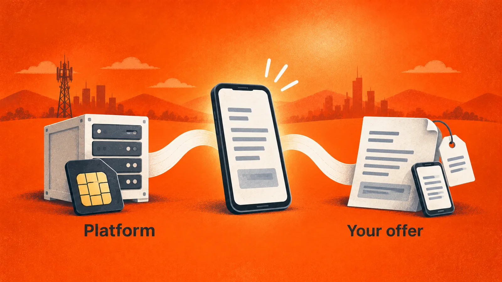 Spenza platform on one side and the brand's own decisions on the other, meeting at a launched mobile service