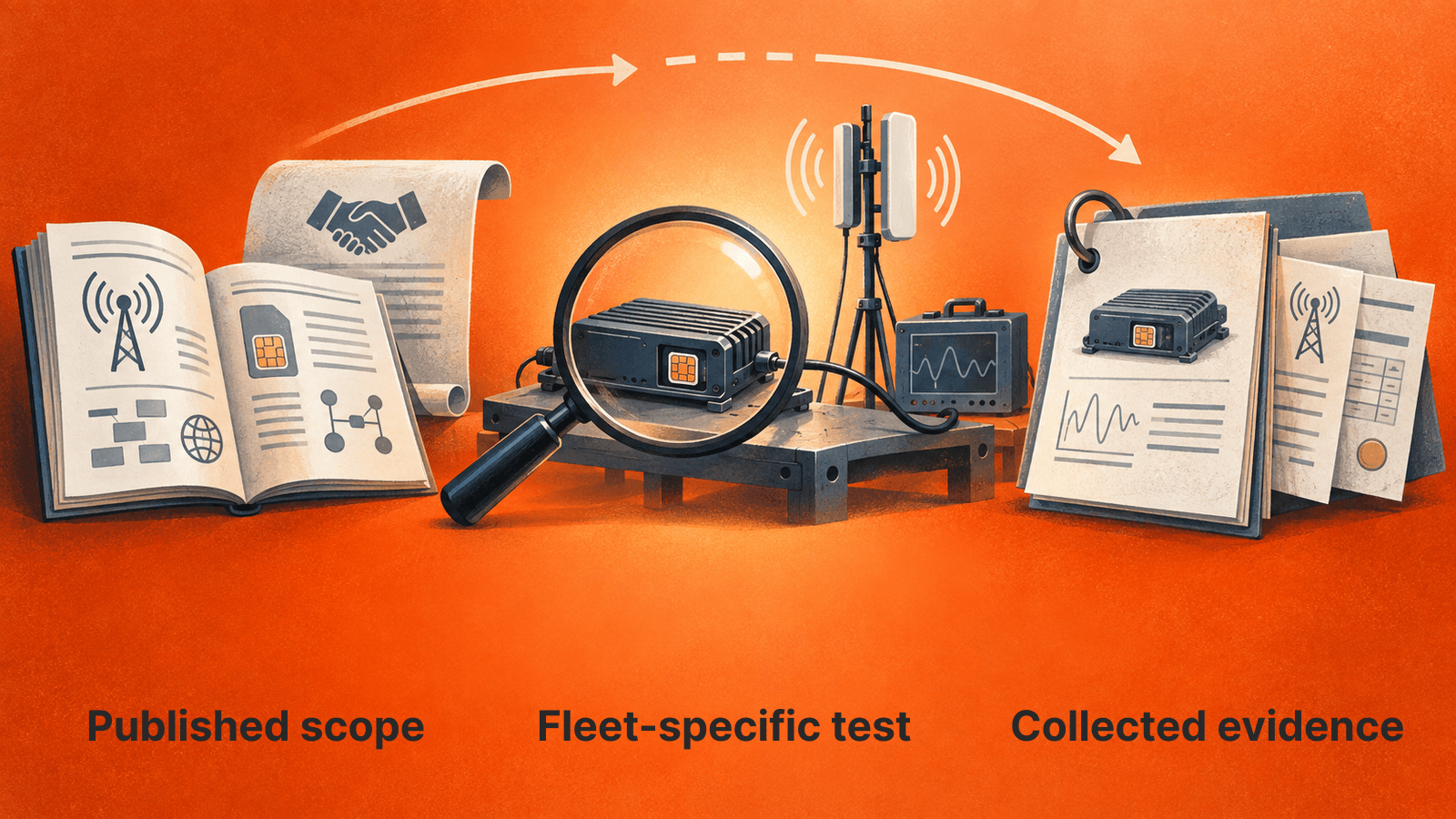 Published scope informs a fleet-specific test; collected traces and commercial records provide acceptance evidence.