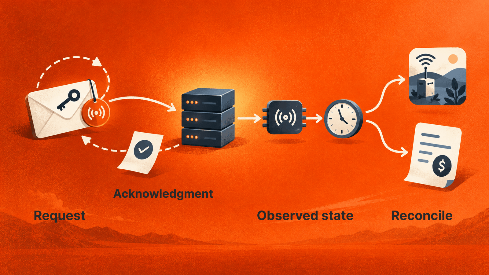 An API acknowledgment returns separately from the observed state. Follow the action through application and billing results, including retries.