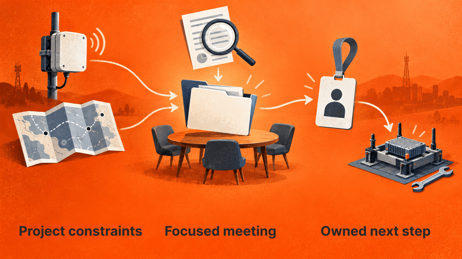 A decision brief connects project constraints and supporting evidence to a focused meeting and an owned next test.
