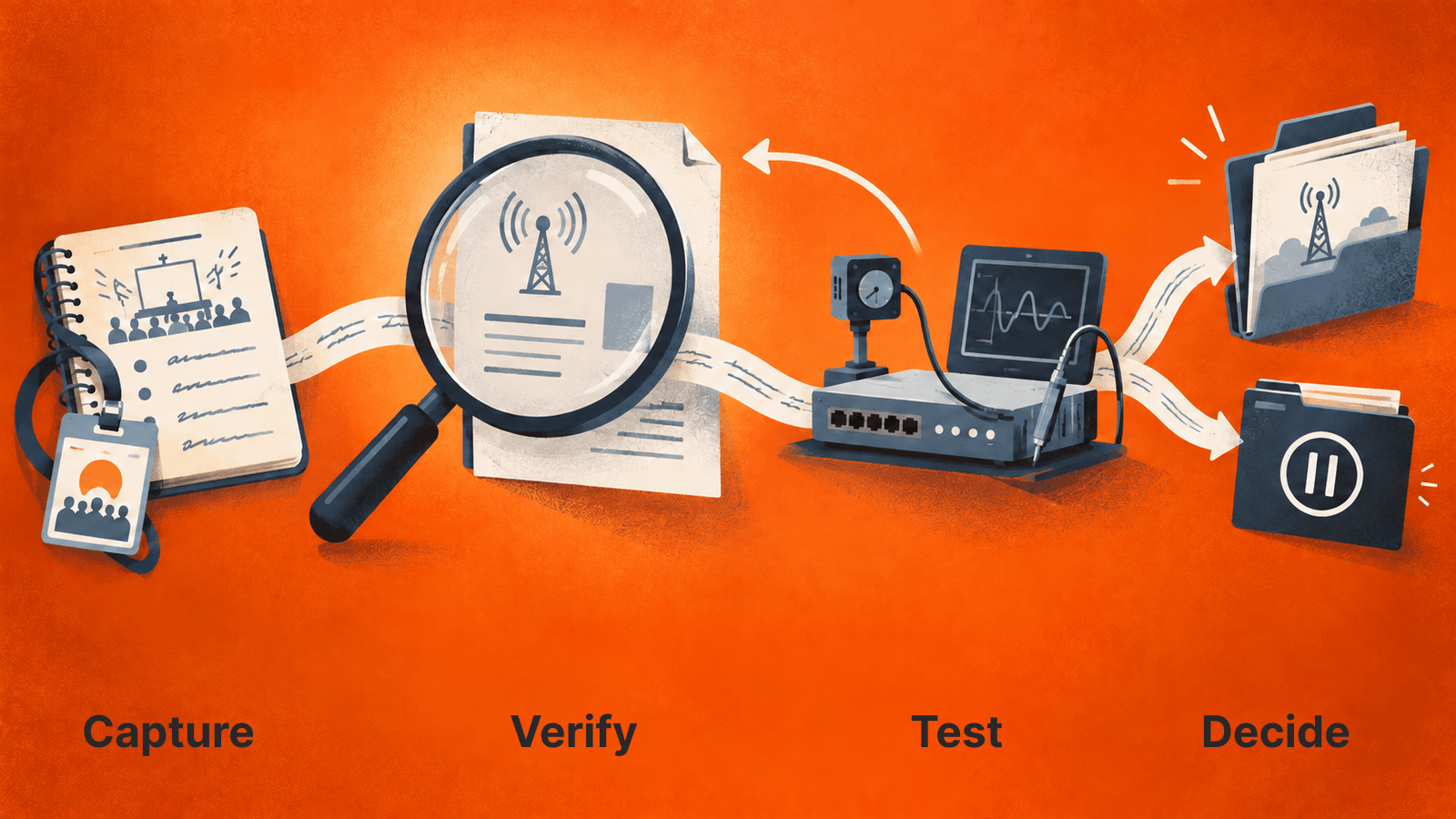 Recorded claims move through verification and testing before a decision. Unresolved results can return for review or remain deferred.