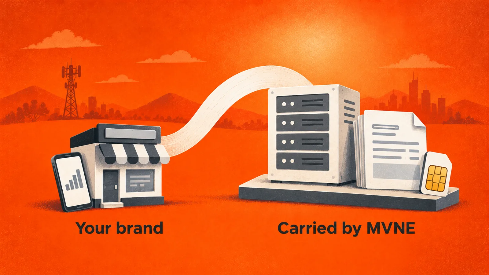 Illustration of a stack of telecom components lifted away from a small branded mobile business and onto a shared platform.