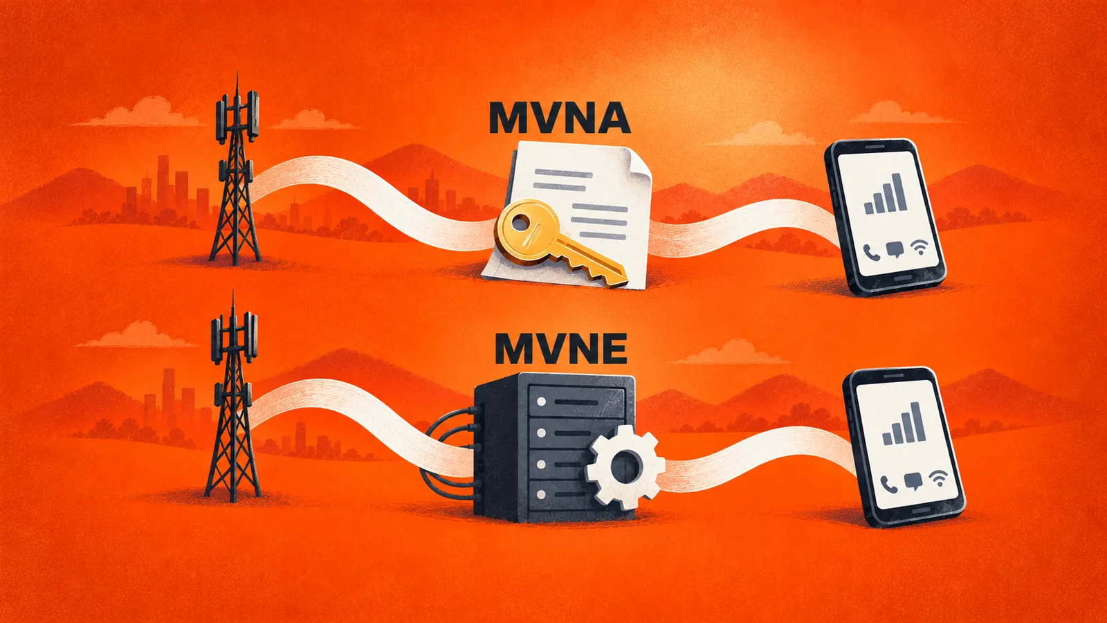 MVNA carries wholesale access with a key and contract; MVNE carries platform and operations through a server