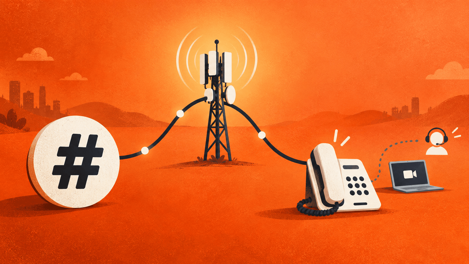 A public number connects through a carrier to a phone and human fallback, with a separate meeting application.